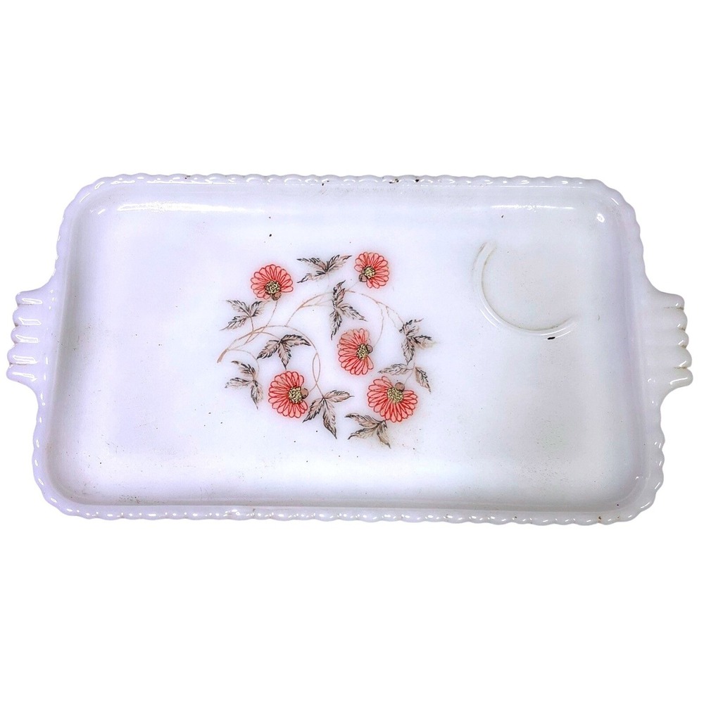 Vintage White Milk Glass Vanity Tray Pink Floral Design‎ Rectangular 11.5"